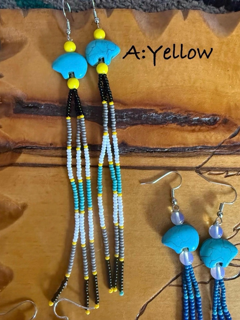 Handmade Beaded Zuni Bear Fringe Earrings|Native American - Picture 2 of 11
